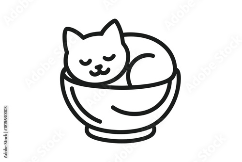 Peaceful adorable sleeping kitten curled up inside a small ceramic bowl