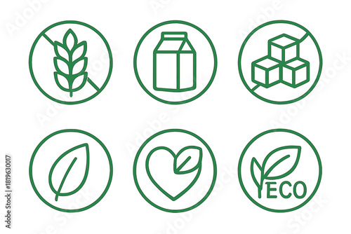 Set of food packaging labels featuring dietary restriction symbols including gluten free, sugar free, and natural eco icons