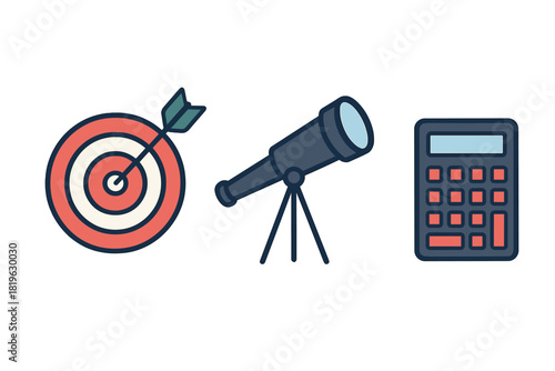 Target goal, vision telescope, and financial calculator symbols for business planning