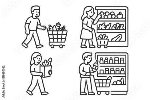 Customers pushing shopping carts and selecting items in a grocery store