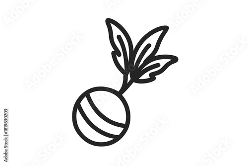 Fresh radish or turnip root vegetable with green leaves, simple black and white drawing