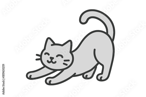 Cute gray cat stretching and smiling with closed eyes in a playful pose