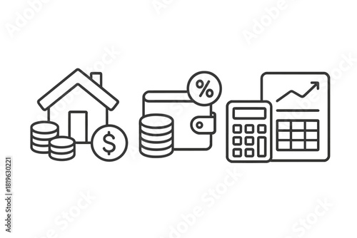 Financial concepts for home mortgage, personal budget, and investment growth