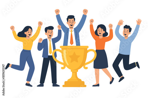 Cheerful business team celebrating a major achievement and corporate success with a large golden trophy award