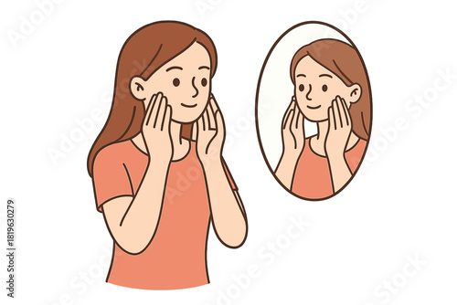 Young woman checking her facial skin condition while looking at her reflection in an oval mirror