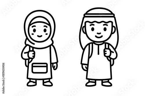 Cute cartoon drawing of two Arab children students wearing traditional clothes and school backpacks