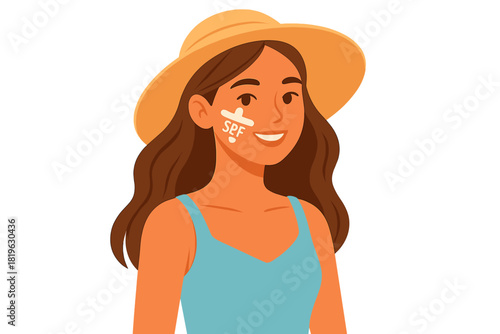 Smiling woman wearing a sun hat applying SPF cream to her cheek for sun protection