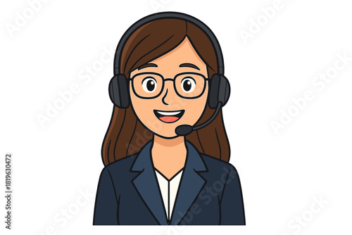 Professional female call center agent wearing a headset and glasses providing customer support