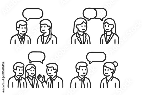 Professional people engaging in conversation and discussion, visualized with simple line art symbols