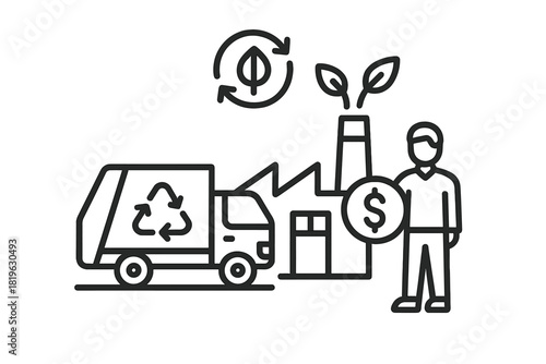 Sustainable industrial production and recycling economy with a garbage truck and factory building