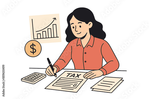 Professional woman filling out tax documents while analyzing financial growth charts and calculating expenses