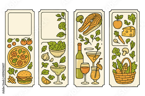 Retro style food and drink banners with pizza, salmon steak, cocktails, and fresh vegetables