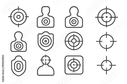 Diverse aiming targets, shooting range silhouettes, bullseyes, and crosshair symbols