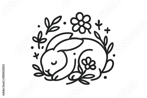 Minimalist sleeping rabbit surrounded by delicate spring flowers and botanical elements
