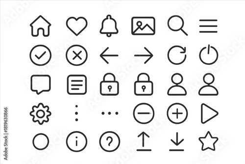 Modern essential user interface icons set for web and mobile applications covering navigation and settings