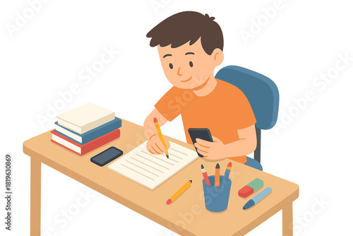 Young boy student sitting at a wooden desk writing notes while holding a mobile phone