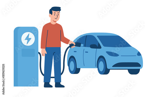 Man plugging electric vehicle charging cable at public station for sustainable transportation