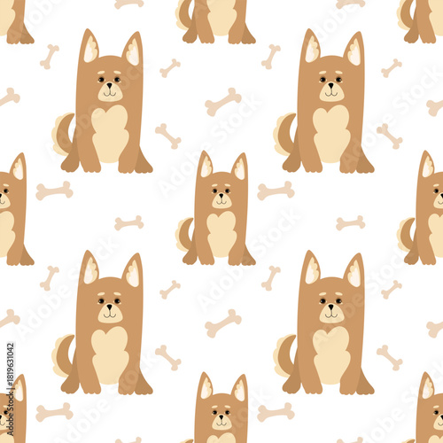 Cute doggies seamless pattern. Pet objects and dogs isolated on light background. Seamless pattern with cartoon corgi dogs and bones, dog food .Vector.Design for packaging of products and dog food.