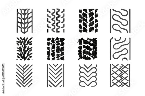Collection of various tire tracks and tread patterns for vehicle transportation design elements