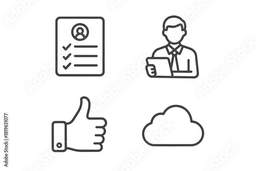 Outline icons for business and technology including resume, professional user, approval, and cloud storage