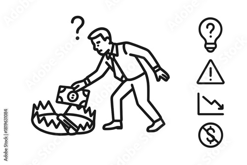 Man reaching for money bait placed in a dangerous bear trap symbolizing financial risk