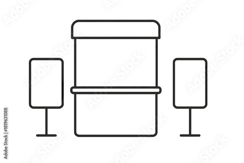 Minimalist outline of a portable promotional counter stand and two vertical advertising banners
