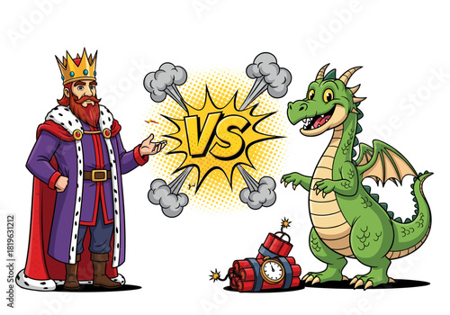 King and dragon clash in vibrant cartoon illustration. regal monarch faces mythical beast, emphasized by 'vs' explosion and dynamite, portraying fantasy challenge.