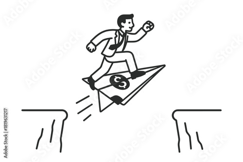 Businessman flying paper airplane across gap symbolizing financial risk and success