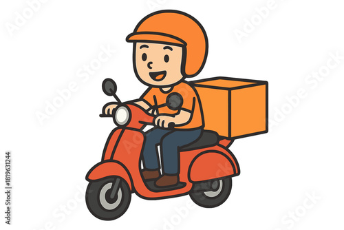 Smiling delivery person on a scooter transporting a package box for fast service