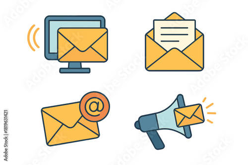 Digital communication icons representing email marketing and electronic messaging services