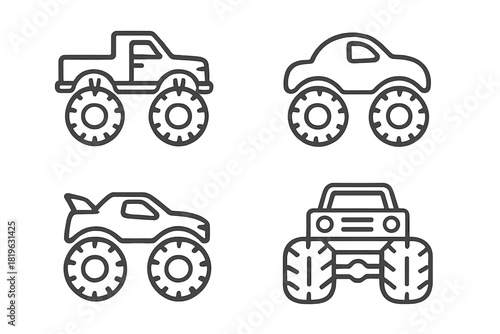 Line art set of monster trucks with massive tires used for extreme off-road racing