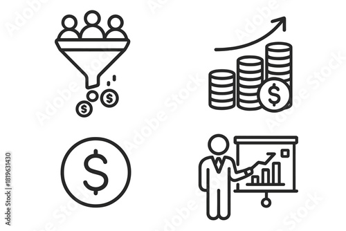 Business and finance icons set featuring sales funnel, financial growth, and data analysis chart