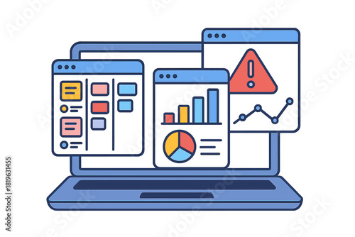 Business data analysis dashboard on a computer screen with charts, graphs, and an important error notification