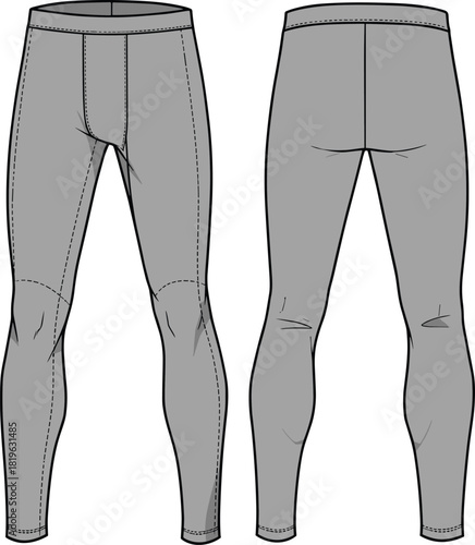 Athletic leggings sketch, compression pants design, technical fashion drawing, front and back view, articulated knees, contour seams, activewear blueprint