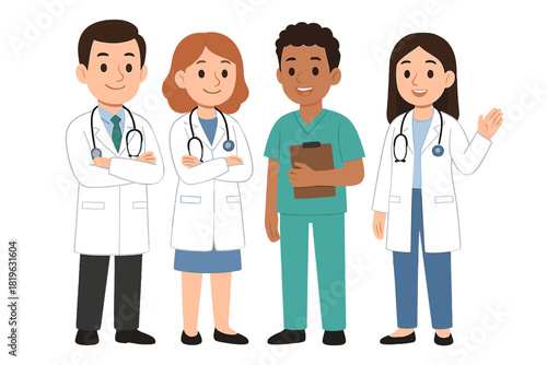 Smiling diverse group of physicians and medical staff wearing lab coats and scrubs