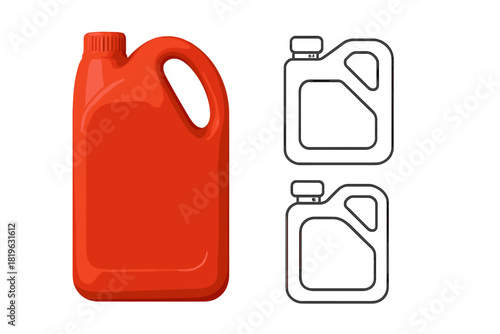 Bright red plastic jug for motor oil or chemical liquid with outline icons