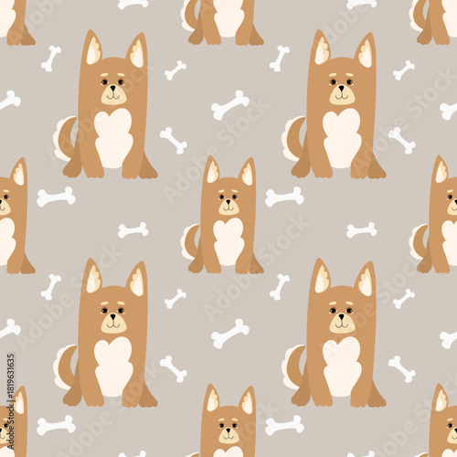 Cute doggies seamless pattern. Pet objects and dogs isolated on light background. Seamless pattern with cartoon corgi dogs and bones, dog food .Vector.Design for packaging of products and dog food.