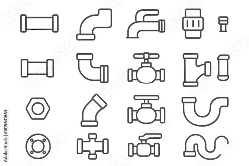 Detailed set of plumbing pipe fittings, connectors, faucets, and water valves for industrial infrastructure