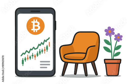 Mobile phone displaying cryptocurrency trading chart next to a comfortable armchair and houseplant