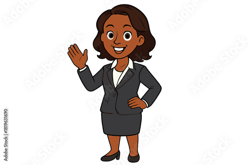 Friendly African American businesswoman waving hello in a professional suit