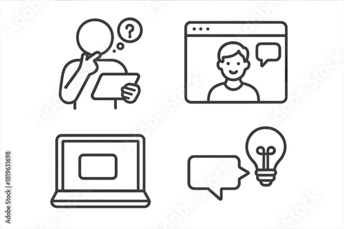 Line icons set for online support, video conferencing, questioning, and finding solutions