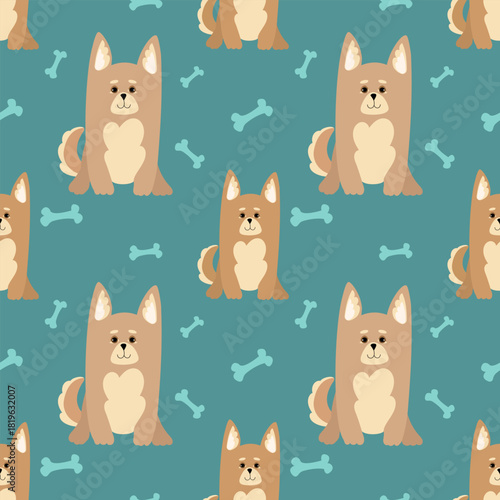 Cute doggies seamless pattern. Pet objects and dogs isolated on bright background. Seamless pattern with cartoon corgi dogs and bones, dog food .Vector.Design for packaging of products and dog food.
