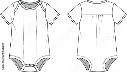Baby onesie sketch, toddler garment design, technical fashion drawing, front and back view, pleated front, yoke back, snap crotch