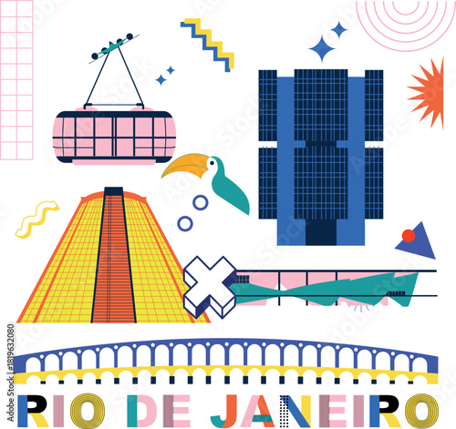 Typography word "Rio De Janeiro" branding technology concept. Collection of flat vector web icons, culture travel set, famous architectures, specialties detailed silhouette. Brazilian Memphis landmark