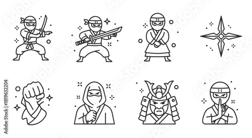 Icon Set of Ninjas, Samurai, and Martial Arts with Traditional Japanese Elements