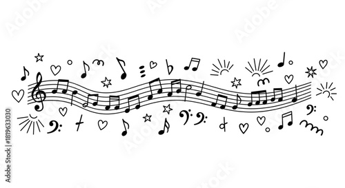 Hand-drawn musical staff with flowing notes, clefs, hearts, stars, sunburst doodles, symbolizing melody, rhythm, and art.