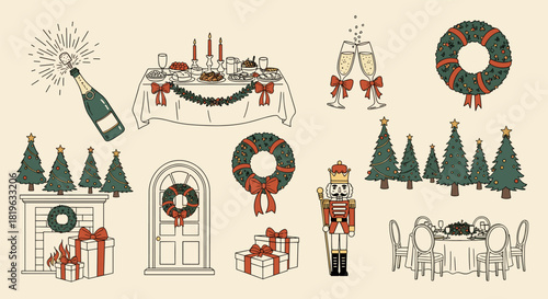 Joyful festive holiday season vector illustration set featuring various christmas and new year celebration elements, including decorations, food, and gifts, for design.