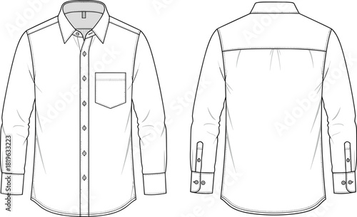Button-up shirt sketch, long-sleeve garment design, technical fashion drawing, front and back view, chest pocket, pleated back, collar