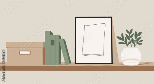 Minimalist Shelf Decor A Framed Artwork, Books, and a Plant in a Vase