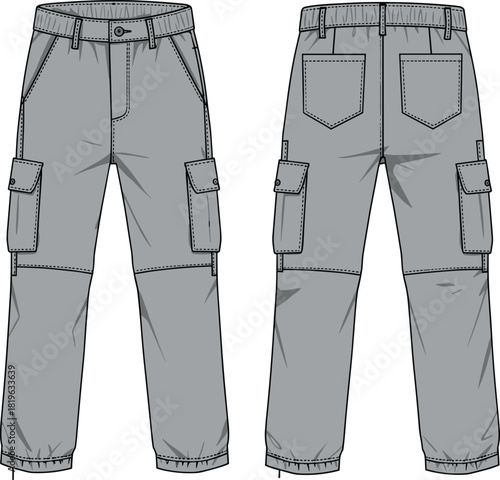 Cargo pants sketch, technical fashion drawing, front and back view, flap pockets, articulated knees, elastic cuffs, utility garment design